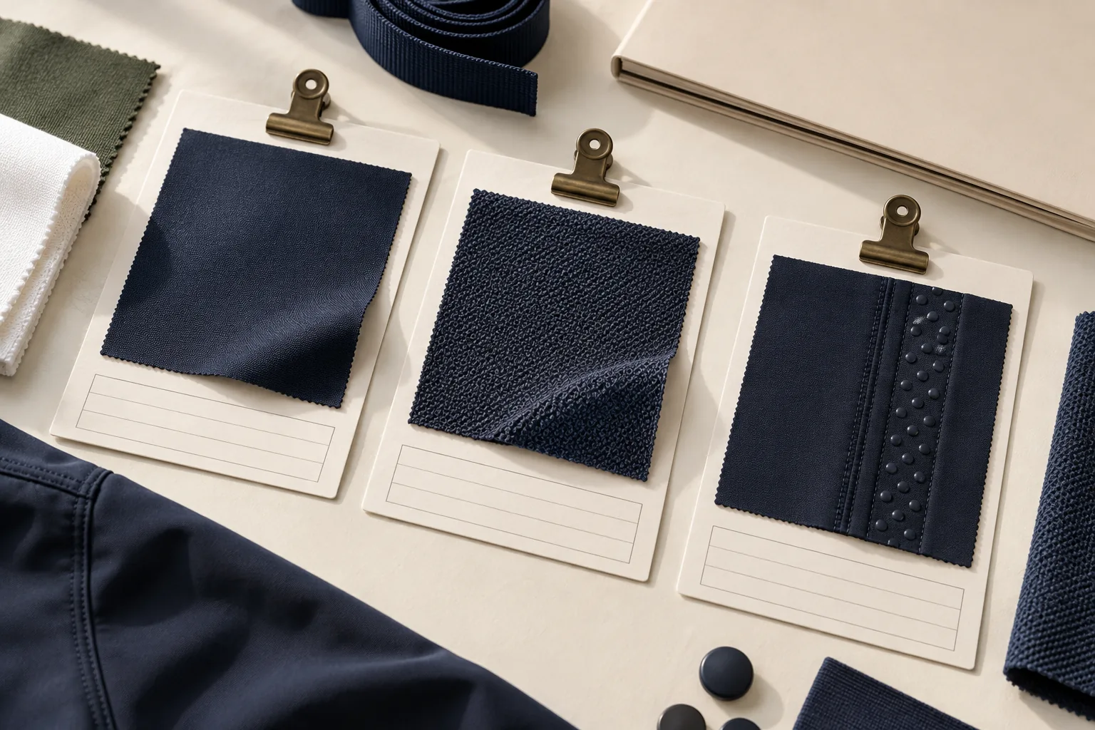 Three navy textile sample cards showing a woven face, knit reverse and stitched grip application