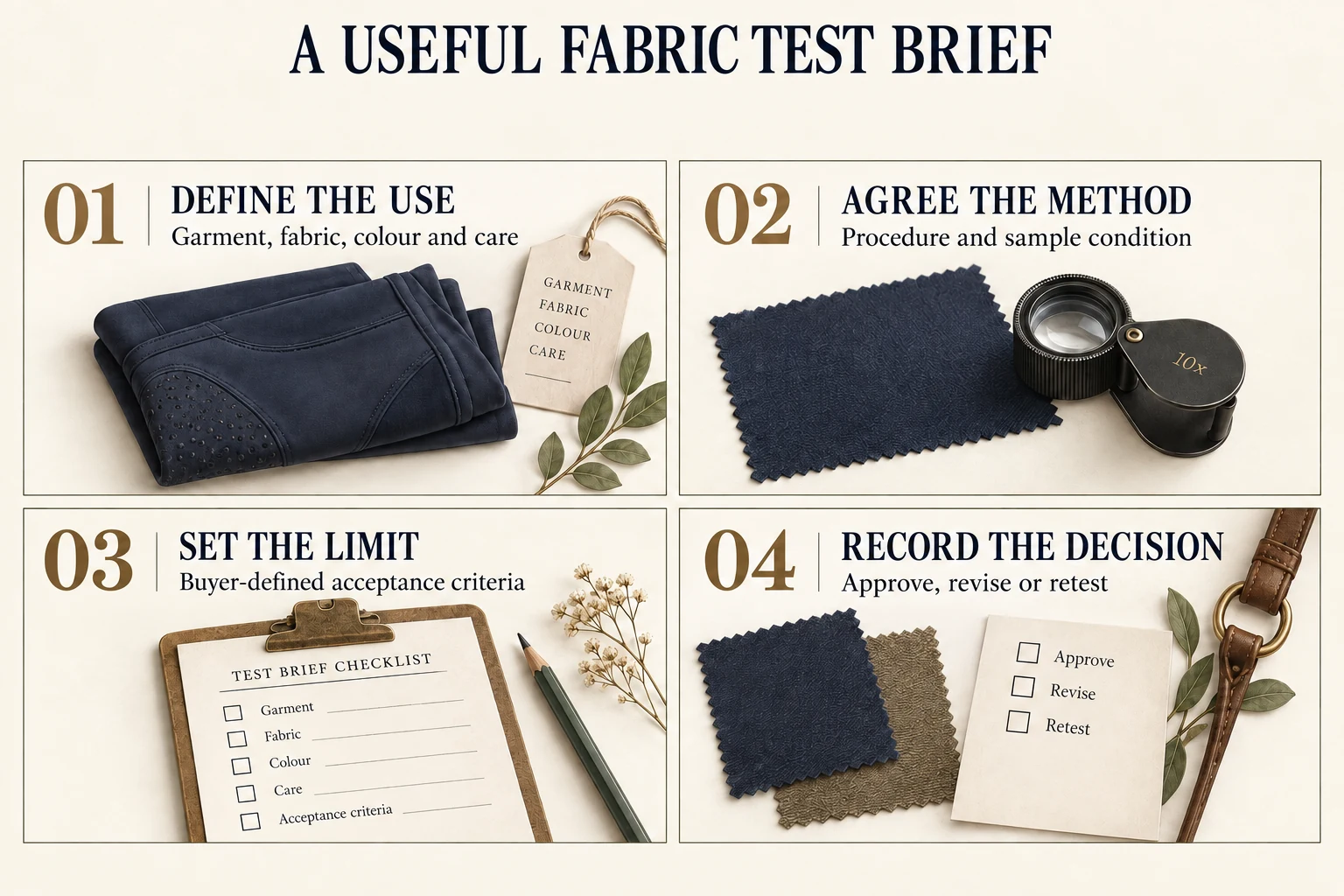 Four steps for a fabric test brief: define the use, agree the method, set the limit and record the decision