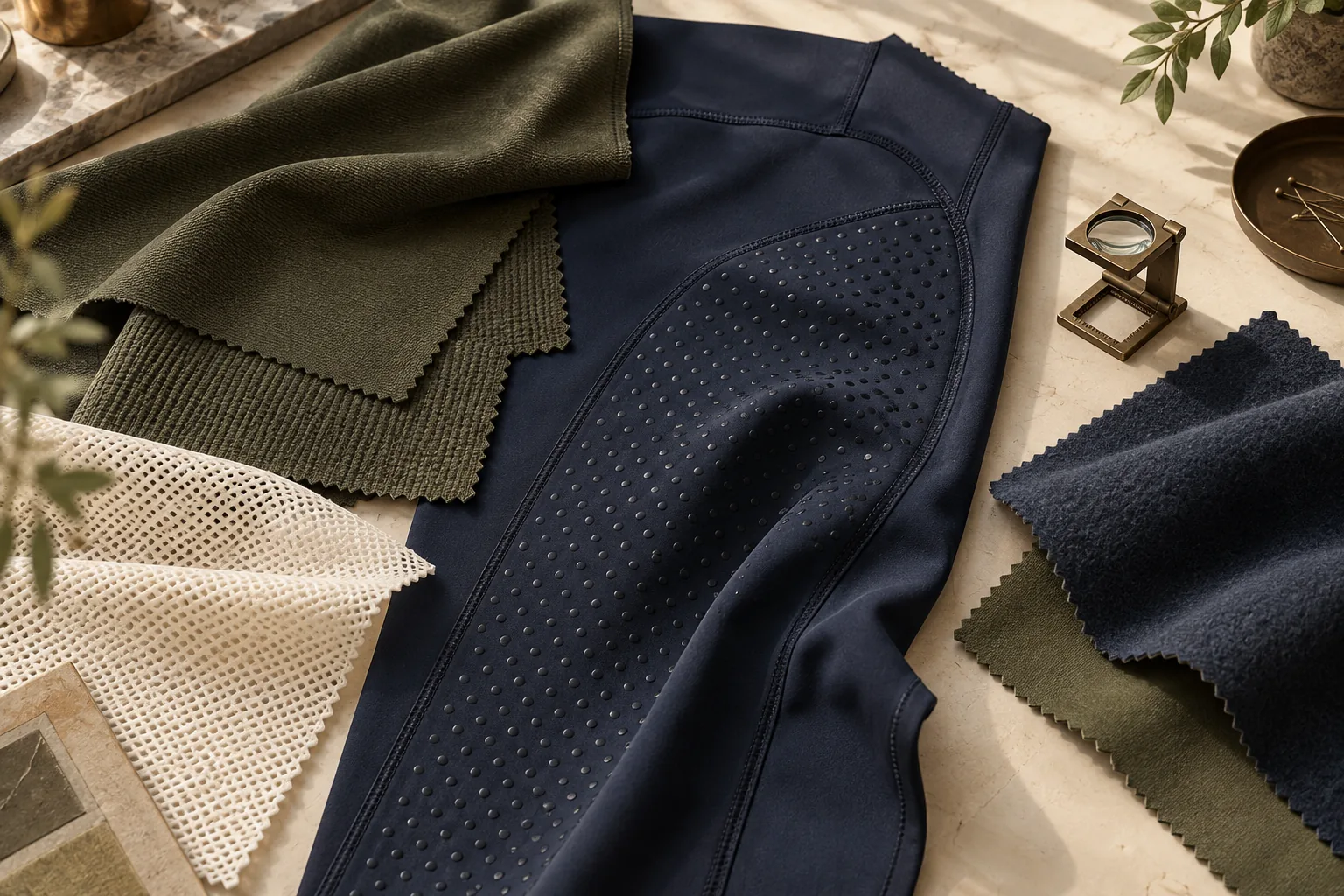 Navy grip fabric, olive knit and ivory mesh swatches with a textile inspection loupe