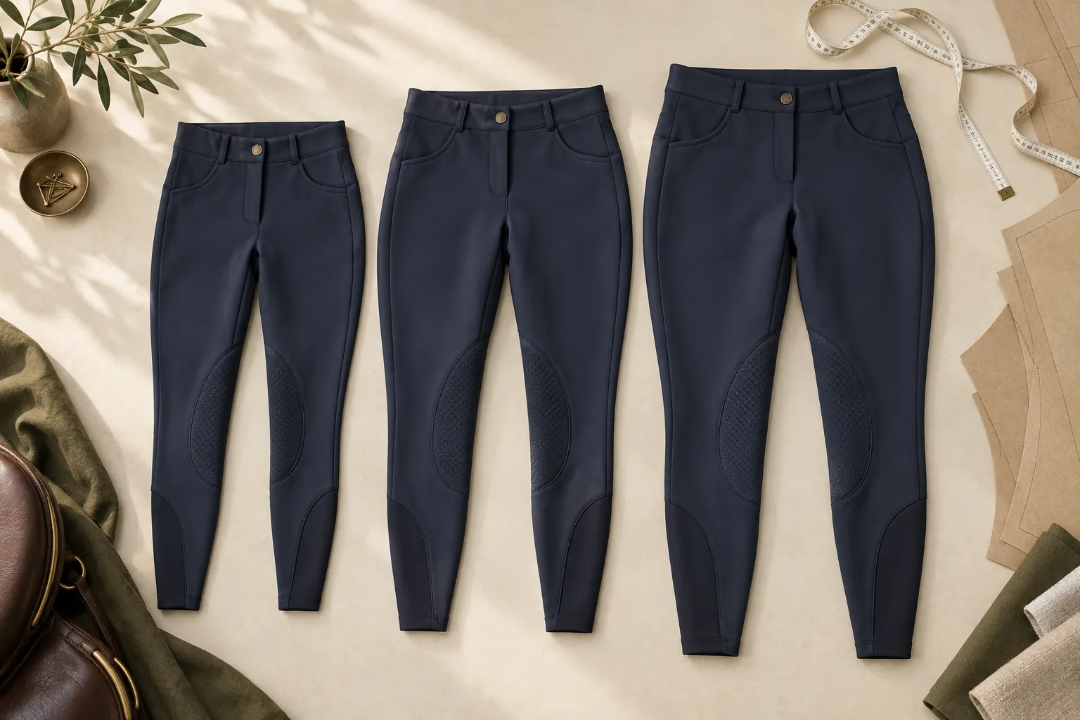 Three navy riding breeches in graduated sizes laid flat with aligned waistbands
