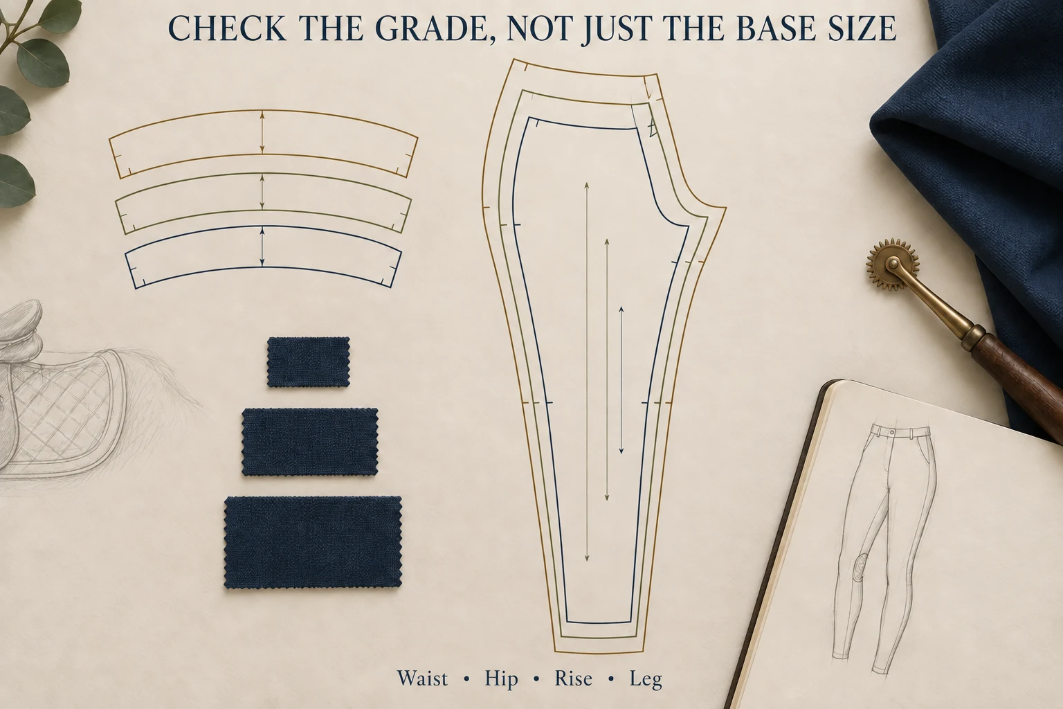 Navy, olive and bronze outlines of graded breeches leg and waistband pattern pieces
