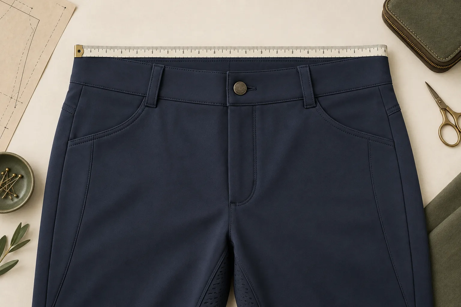 Tape placed straight across the top of a fastened, relaxed riding-breeches waistband