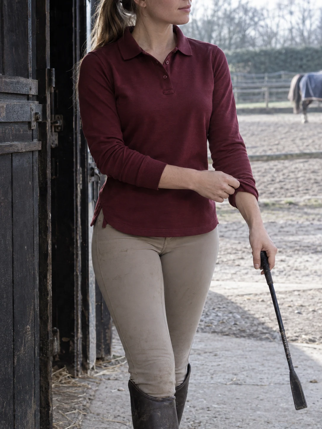 Long-sleeve riding polo — generated in-use fit study