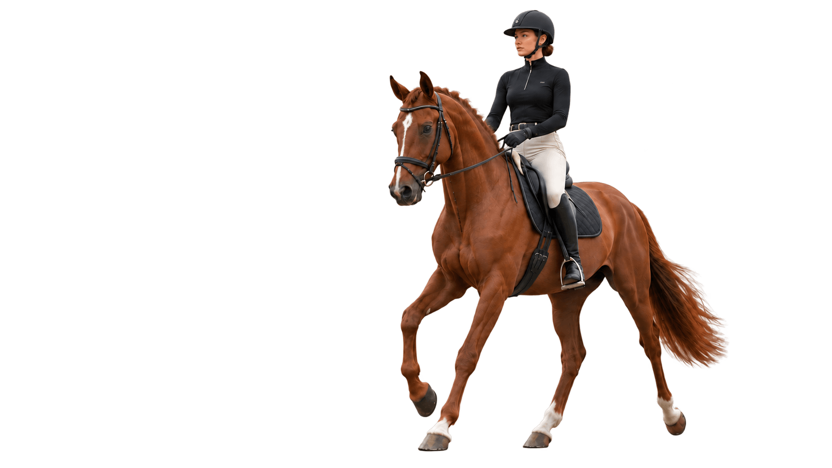 Rider wearing a black technical top and cream riding breeches on a bay horse — original concept