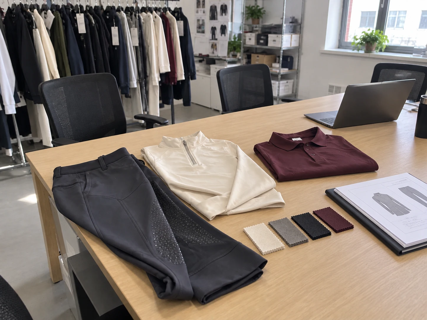 Equestrian garment range planning at a sample workbench — generated development study